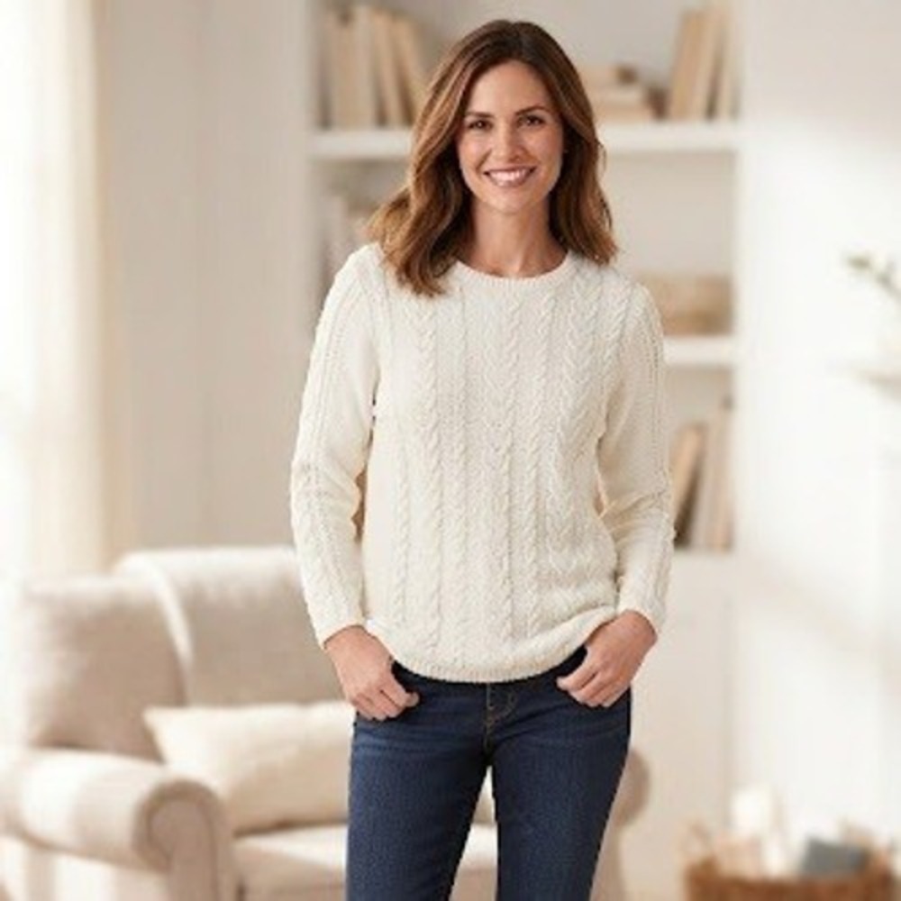 J. Jill Womens XL Ivory Cable Knit Chenille Fishermans Pullover Sweater Timeless